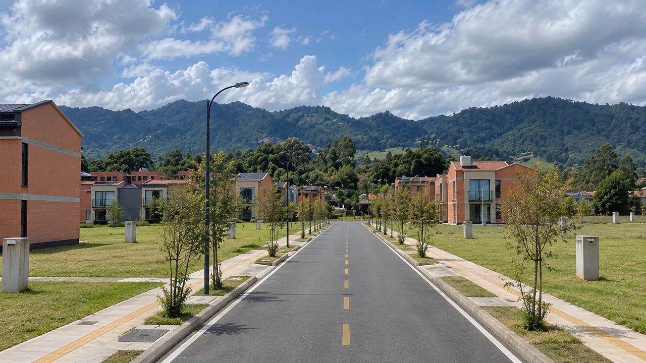Vía pavimentada con andenes, alumbrado público y arborización entre lotes urbanizados y casas de dos niveles, con las montañas de La Ceja, Antioquia, al fondo