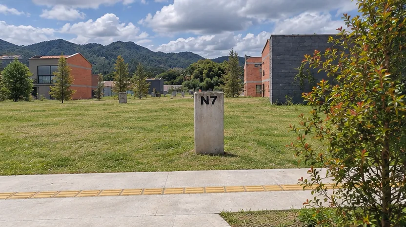 Lote plano urbanizado con mojón de identificación y andén con franja táctil, listo para construir en La Ceja, Antioquia